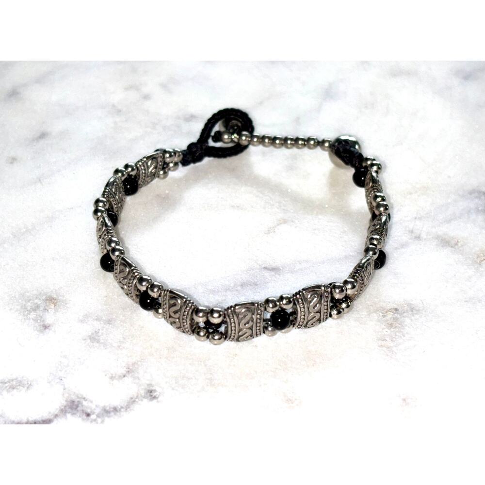 Vintage Silver Bracelet with Black Beaded Accents - Picture 2 of 9